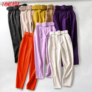 Woman High Waist Sashes Pockets Office Ladies Pants