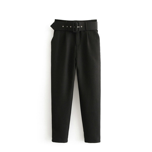 Woman High Waist Sashes Pockets Office Ladies Pants