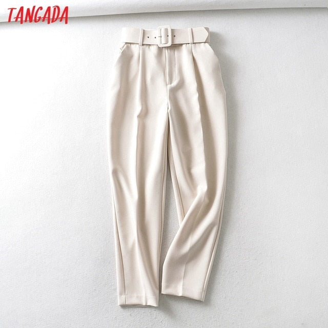 Woman High Waist Sashes Pockets Office Ladies Pants