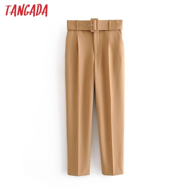 Woman High Waist Sashes Pockets Office Ladies Pants