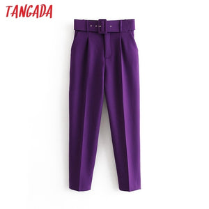 Woman High Waist Sashes Pockets Office Ladies Pants