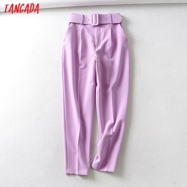 Woman High Waist Sashes Pockets Office Ladies Pants