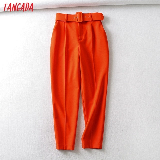 Woman High Waist Sashes Pockets Office Ladies Pants