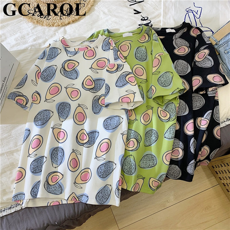 GCAROL 2020 Spring Summer Women Cartoon T-shirt Oversized Graphic Stripes Graffiti