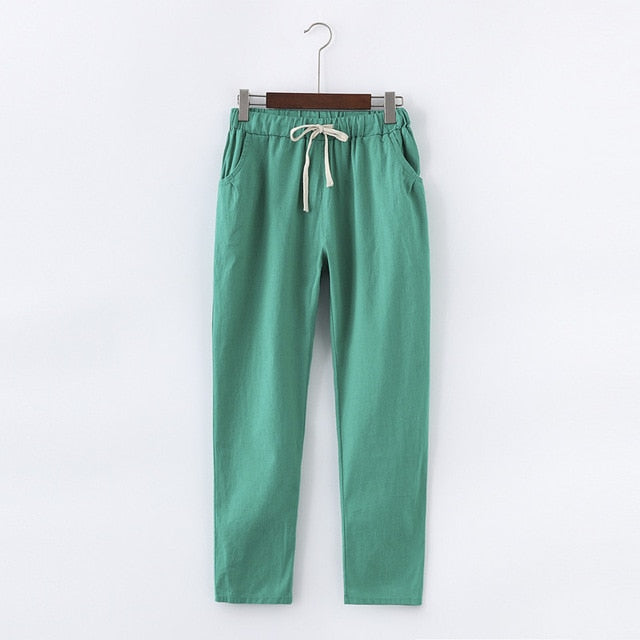 Lace Up Summer Pants Women Sweatpants Pantalon Femme Candy Colors Cotton Linen Harem Pants