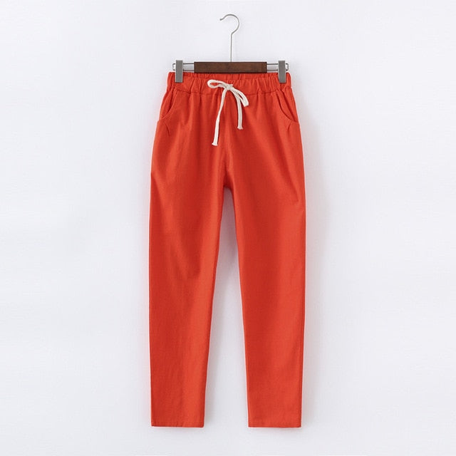 Lace Up Summer Pants Women Sweatpants Pantalon Femme Candy Colors Cotton Linen Harem Pants