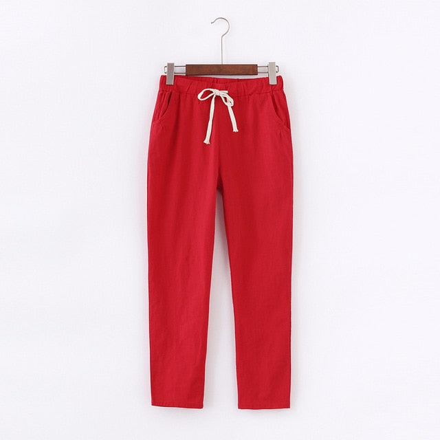 Lace Up Summer Pants Women Sweatpants Pantalon Femme Candy Colors Cotton Linen Harem Pants