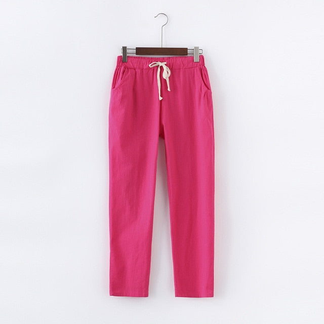 Lace Up Summer Pants Women Sweatpants Pantalon Femme Candy Colors Cotton Linen Harem Pants