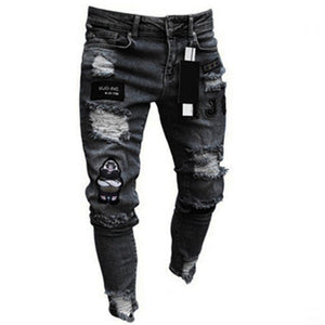 Stretchy Ripped Skinny  Moto & Biker Embroidery Print Jeans Destroyed Hole  Slim Fit Denim