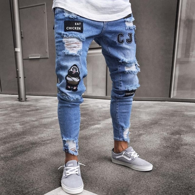 Stretchy Ripped Skinny  Moto & Biker Embroidery Print Jeans Destroyed Hole  Slim Fit Denim