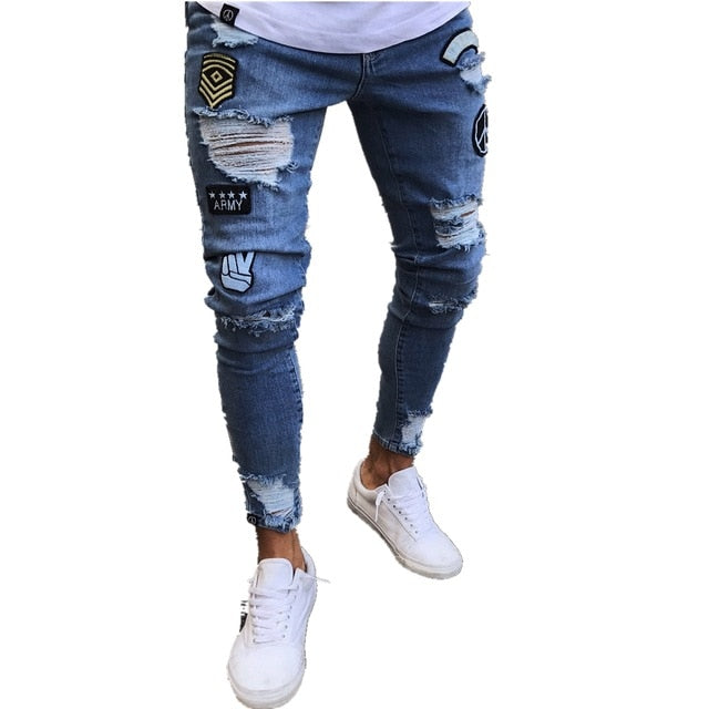 Stretchy Ripped Skinny  Moto & Biker Embroidery Print Jeans Destroyed Hole  Slim Fit Denim