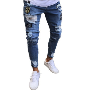 Stretchy Ripped Skinny  Moto & Biker Embroidery Print Jeans Destroyed Hole  Slim Fit Denim