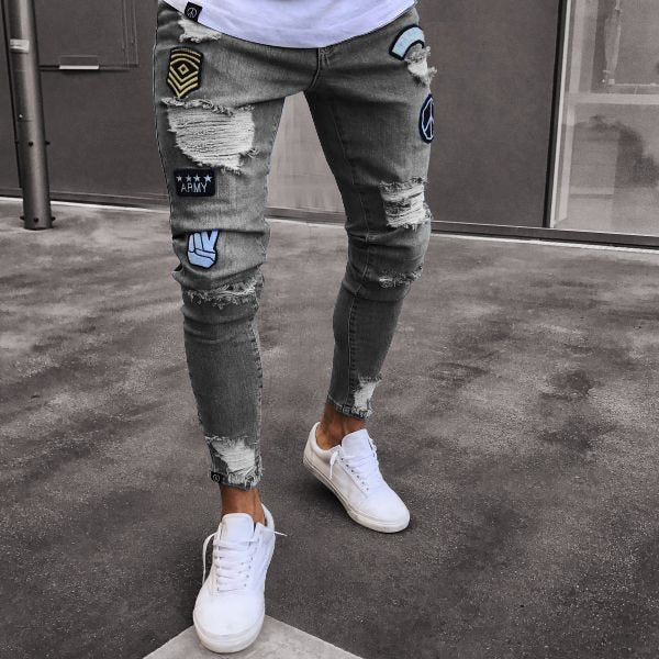 Stretchy Ripped Skinny  Moto & Biker Embroidery Print Jeans Destroyed Hole  Slim Fit Denim