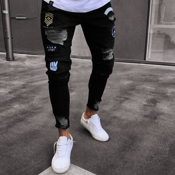 Stretchy Ripped Skinny  Moto & Biker Embroidery Print Jeans Destroyed Hole  Slim Fit Denim