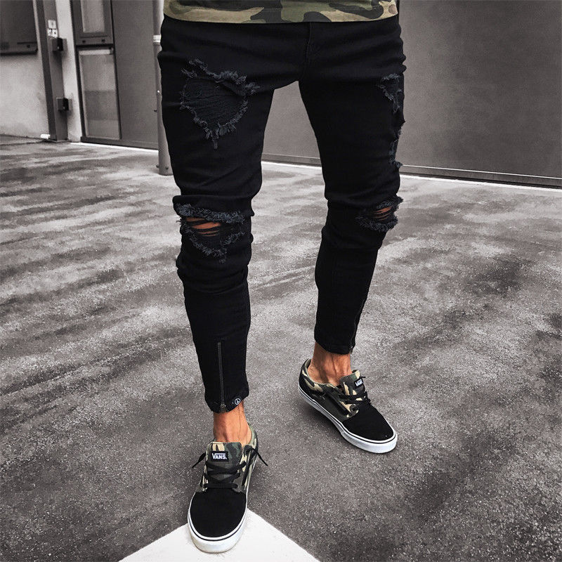 Black Jeans Skinny Ripped Destroyed Stretch Slim Fit Hop Hop Pants With Holes