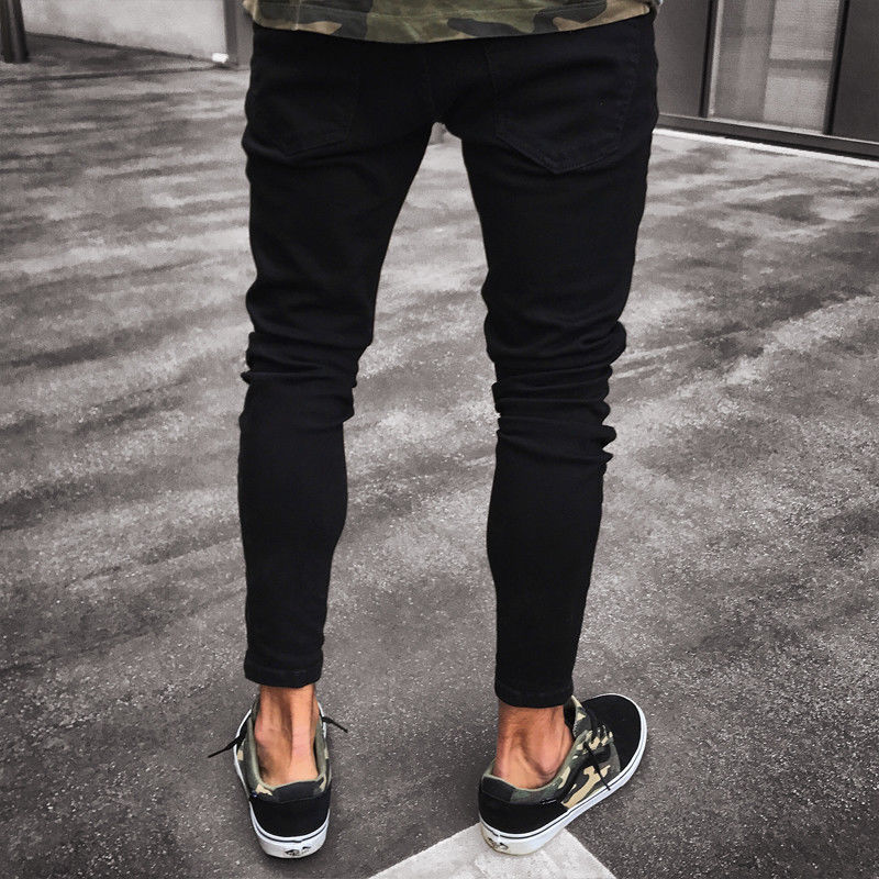 Black Jeans Skinny Ripped Destroyed Stretch Slim Fit Hop Hop Pants With Holes