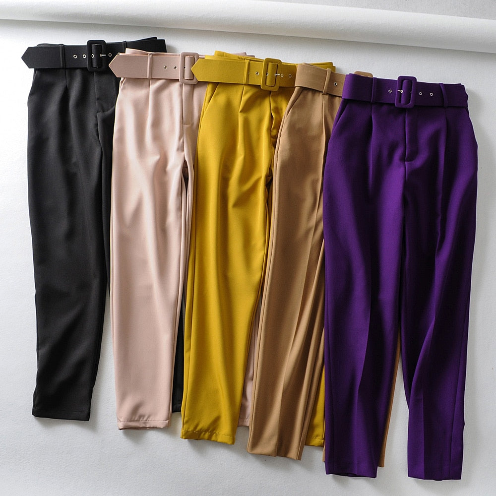 Women Elegant Black Pants Sashes Pockets zipper