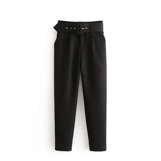 Women Elegant Black Pants Sashes Pockets zipper