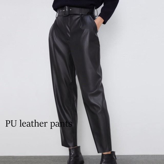 Women Elegant Black Pants Sashes Pockets zipper