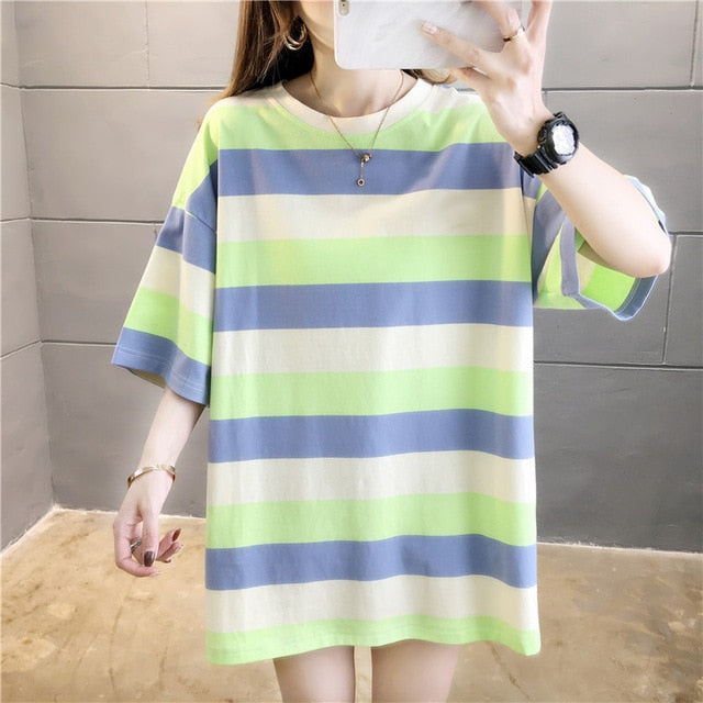 GCAROL 2020 Spring Summer Women Cartoon T-shirt Oversized Graphic Stripes Graffiti