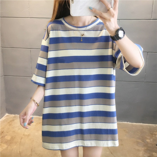 GCAROL 2020 Spring Summer Women Cartoon T-shirt Oversized Graphic Stripes Graffiti