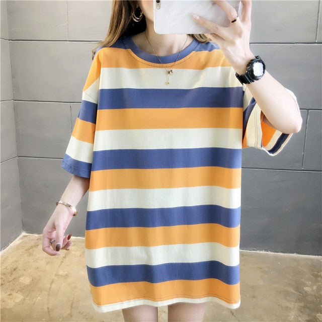 GCAROL 2020 Spring Summer Women Cartoon T-shirt Oversized Graphic Stripes Graffiti