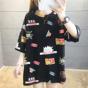 GCAROL 2020 Spring Summer Women Cartoon T-shirt Oversized Graphic Stripes Graffiti