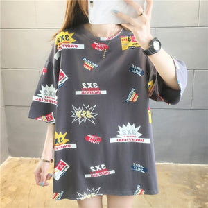 GCAROL 2020 Spring Summer Women Cartoon T-shirt Oversized Graphic Stripes Graffiti