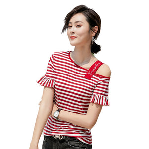 Women Summer High Fashion Skew Collar Flare Tassle Sleeve Embroidery Striped Cotton T Shirt