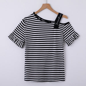 Women Summer High Fashion Skew Collar Flare Tassle Sleeve Embroidery Striped Cotton T Shirt