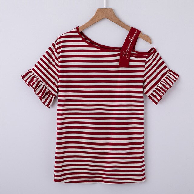 Women Summer High Fashion Skew Collar Flare Tassle Sleeve Embroidery Striped Cotton T Shirt